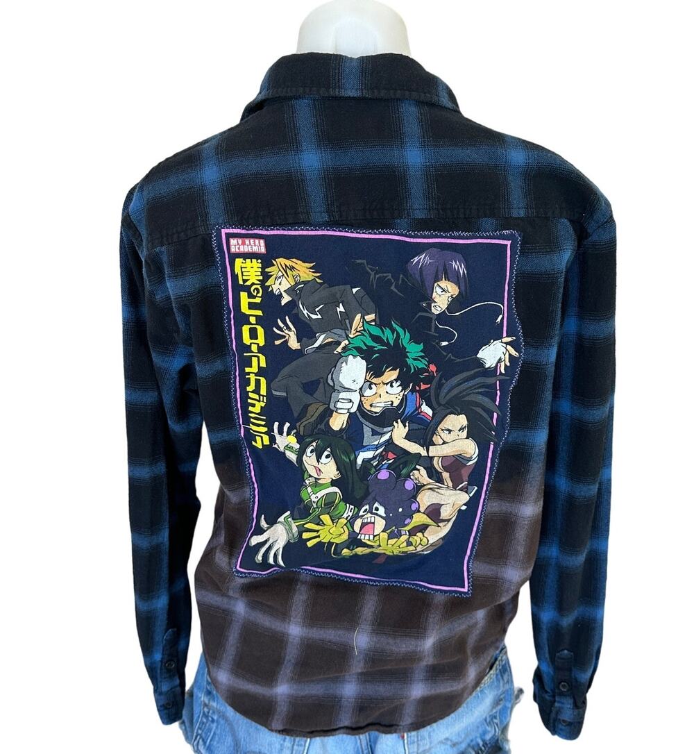 My Hero Academia Plaid Flannel Shirt SMALL Oversized Unique Upcycled Anime Egirl